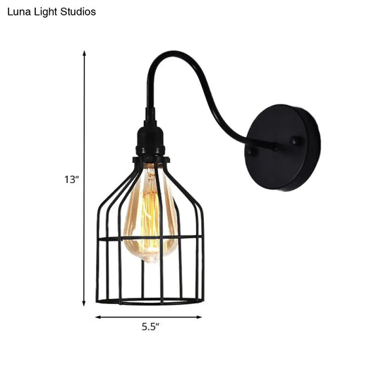 Rustic Metal Birdcage Coffee Shop Wall Sconce Black Light With Gooseneck Arm - Industrial Lighting