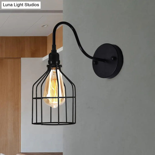 Rustic Metal Birdcage Coffee Shop Wall Sconce Black Light With Gooseneck Arm - Industrial Lighting