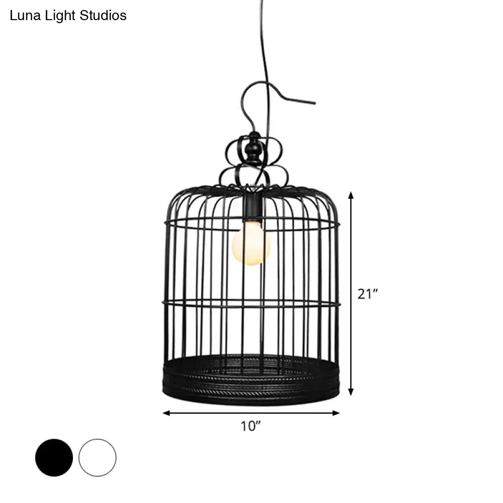 Rustic Metal Birdcage Pendant Light - Black/White 8/10/16 Wide Single Drop Lamp For Dining Room