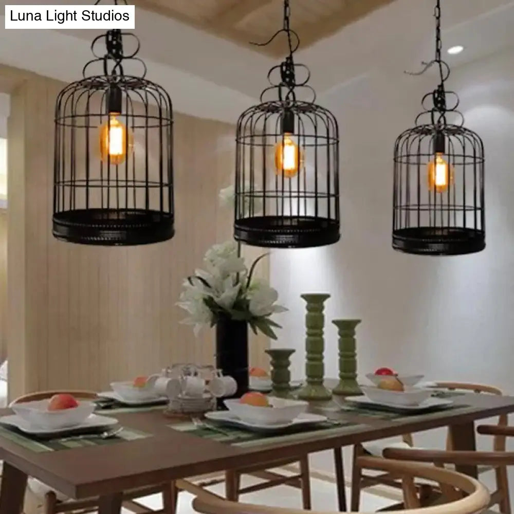 Rustic Metal Birdcage Pendant Light - Black/White 8/10/16 Wide Single Drop Lamp For Dining Room