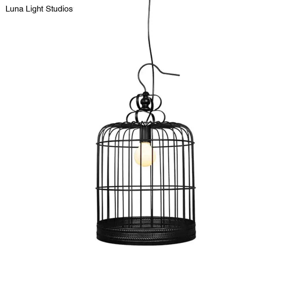 Rustic Metal Birdcage Pendant Light - Black/White 8/10/16 Wide Single Drop Lamp For Dining Room