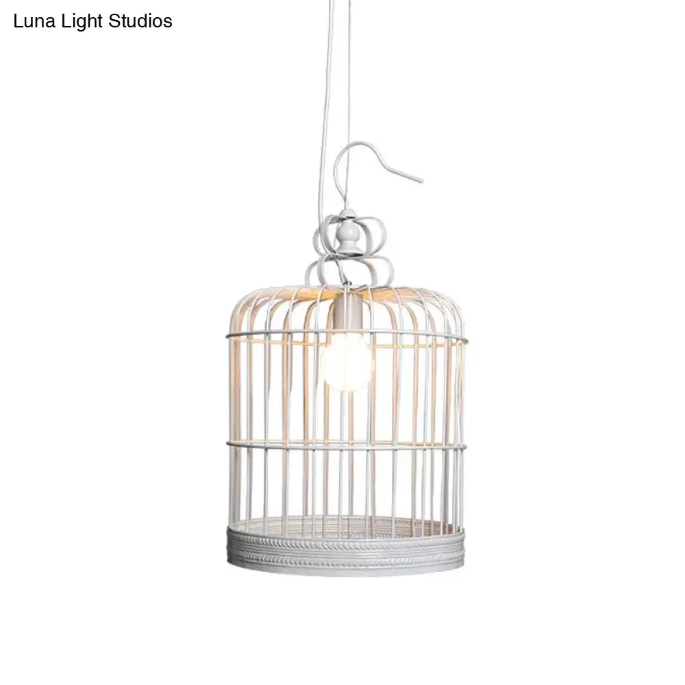 Rustic Metal Birdcage Pendant Light - Black/White 8/10/16 Wide Single Drop Lamp For Dining Room