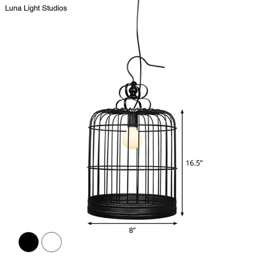 Rustic Metal Birdcage Pendant Light - Black/White 8/10/16 Wide Single Drop Lamp For Dining Room