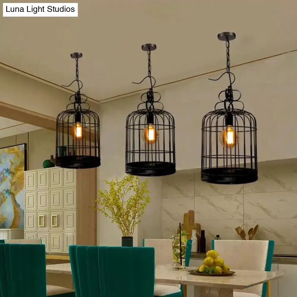 Rustic Metal Birdcage Pendant Light - Black/White 8/10/16 Wide Single Drop Lamp For Dining Room