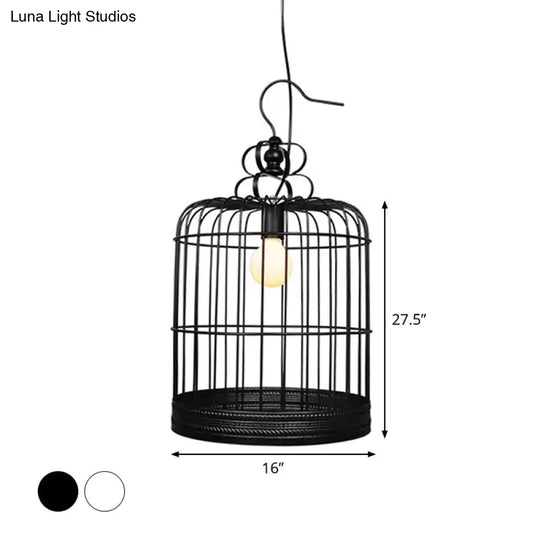 Rustic Metal Birdcage Pendant Light - Black/White 8/10/16 Wide Single Drop Lamp For Dining Room