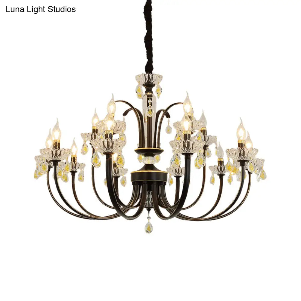 Rustic Metal Black Candle Chandelier: Elegant 12/15-Light Living Room Hanging Lamp With Crystal