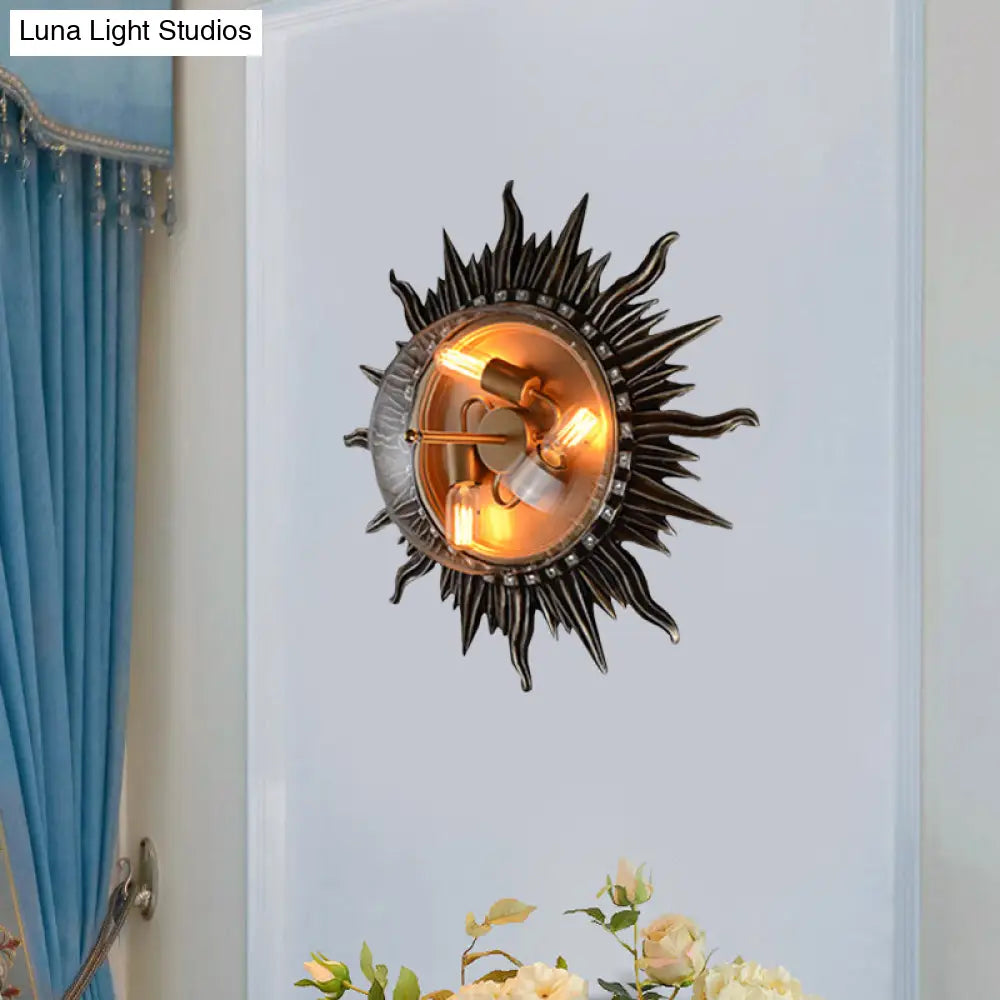 Rustic Metal Black Sun Sconce With 3 Bulbs And Clear Glass Shade - Bedroom Wall Lamp