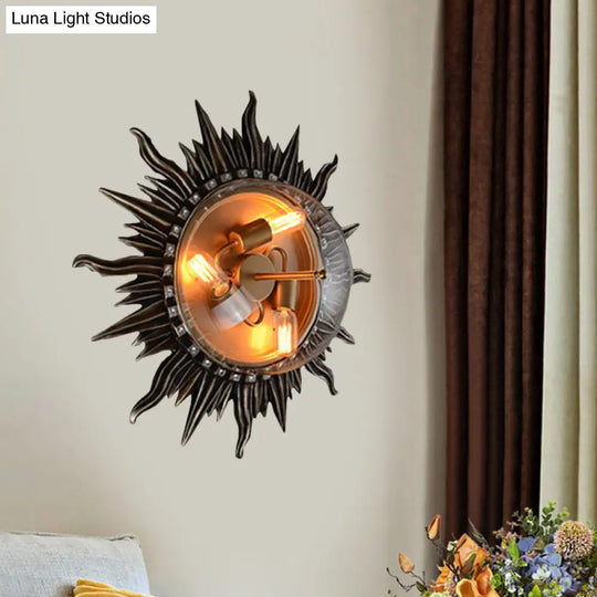 Rustic Metal Black Sun Sconce With 3 Bulbs And Clear Glass Shade - Bedroom Wall Lamp