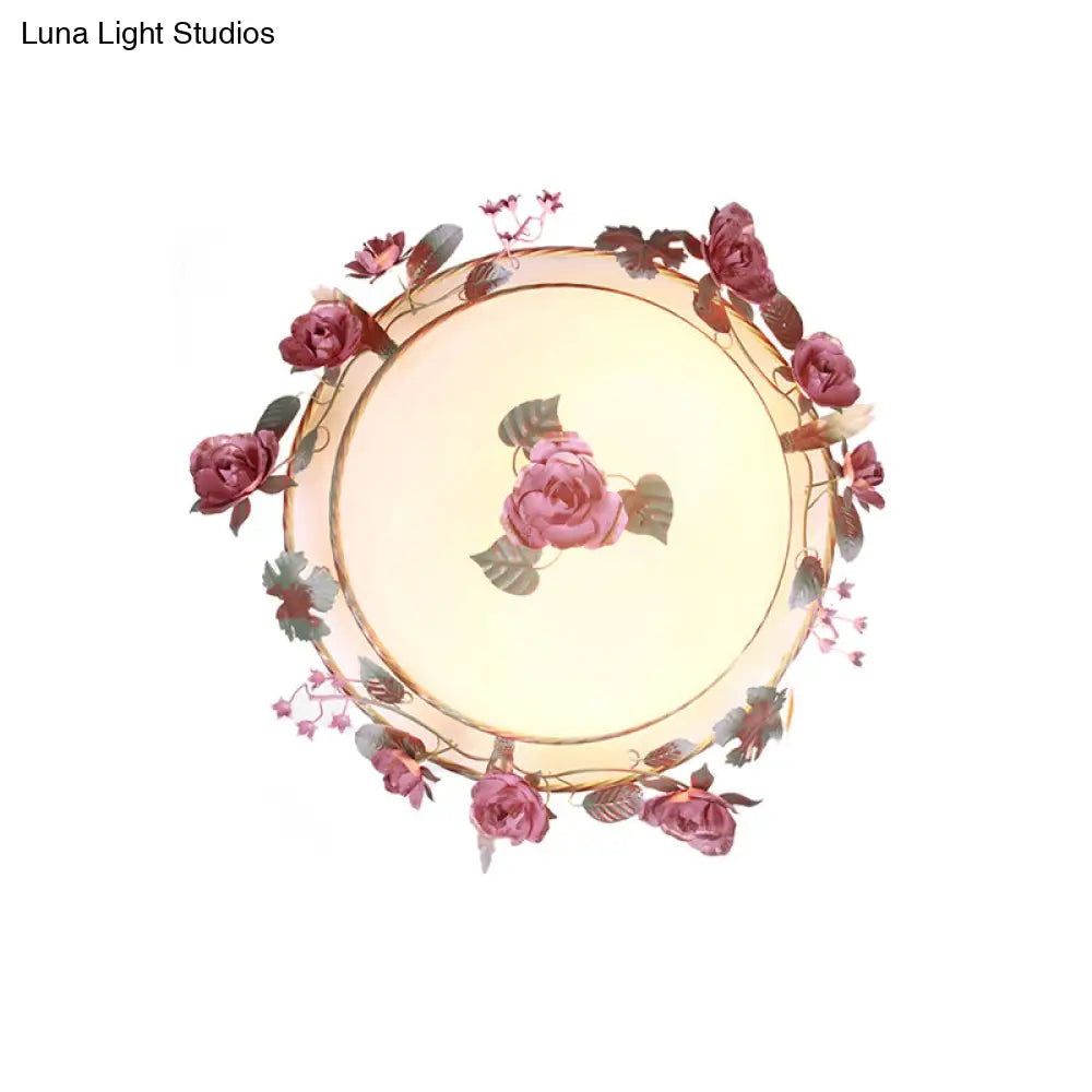 Rustic Metal Bowl Ceiling Lamp With Flower Decor - Flush Mount Light Fixture For Dining Room White