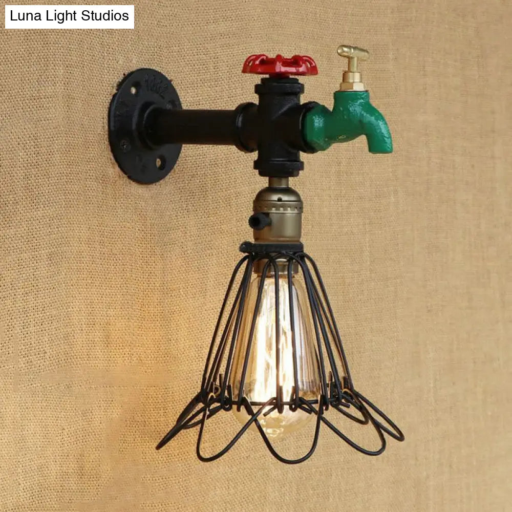 Rustic Metal Cage Wall Sconce Black Finish With Faucet And Valve - 1 Bulb