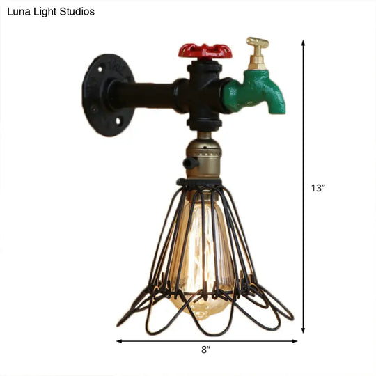 Rustic Metal Cage Wall Sconce Black Finish With Faucet And Valve - 1 Bulb