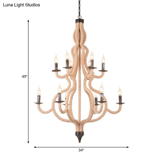 Rustic Metal Candle Chandelier 12 Bulbs Beige Suspension Fixture