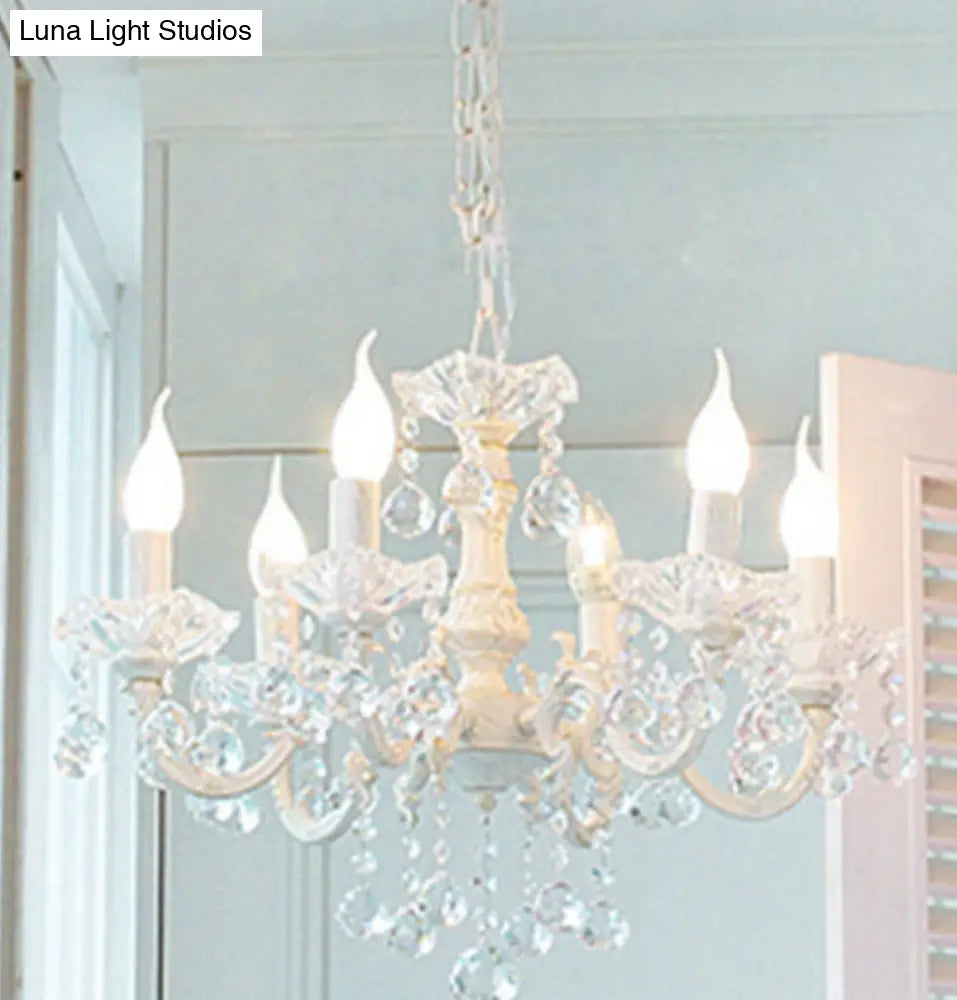 Rustic Metal Candle Suspension Lamp With Crystal Draping - White Corridor Chandelier