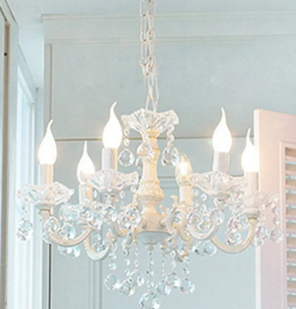 Rustic Metal Candle Suspension Lamp With Crystal Draping - White Corridor Chandelier