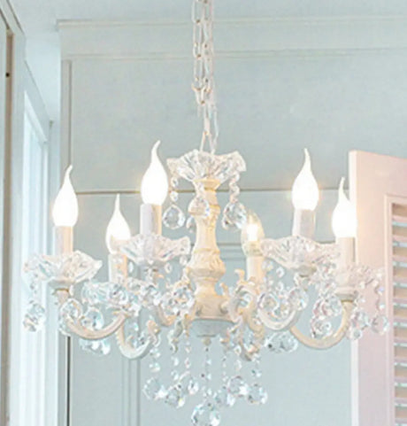 Rustic Metal Candle Suspension Lamp With Crystal Draping - White Corridor Chandelier