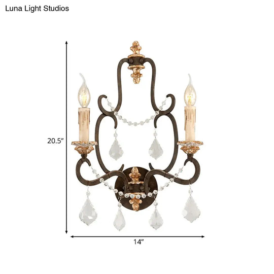 Rustic Metal Candle Wall Sconce Light With Clear Crystal Accents - Black 2 Lights Ideal For Living