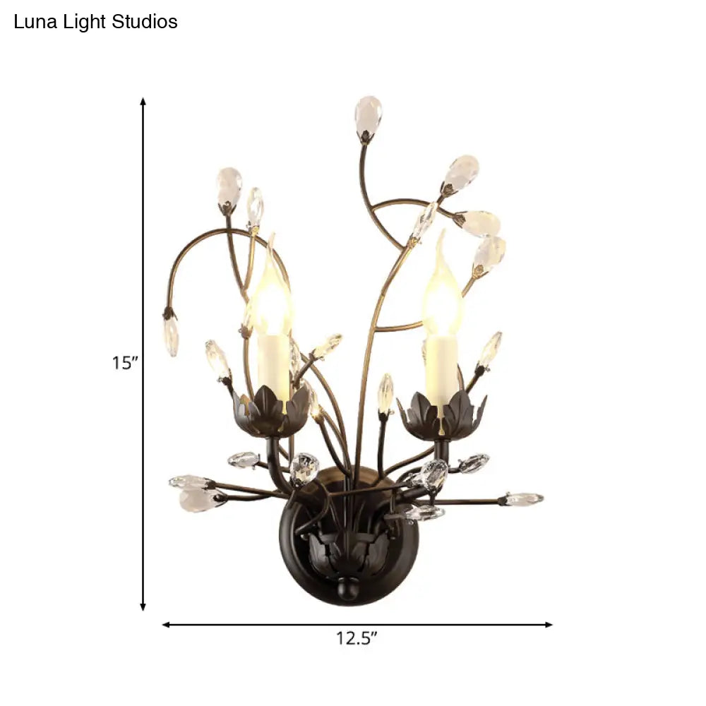 Rustic Metal Candle Wall Sconce With Crystal Décor - 2-Light Black Fixture For Bedroom Lighting