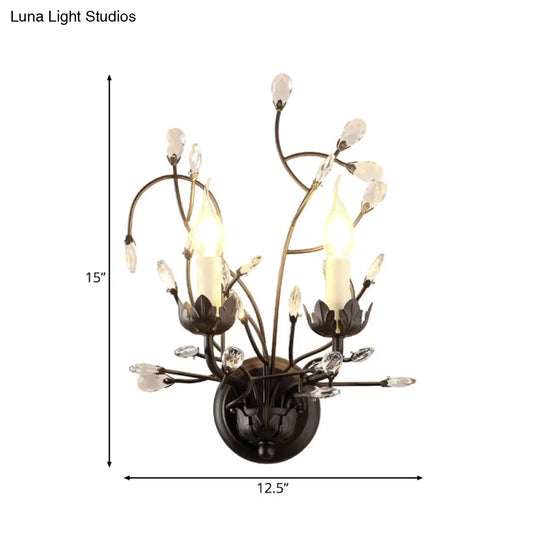 Rustic Metal Candle Wall Sconce With Crystal Décor - 2-Light Black Fixture For Bedroom Lighting