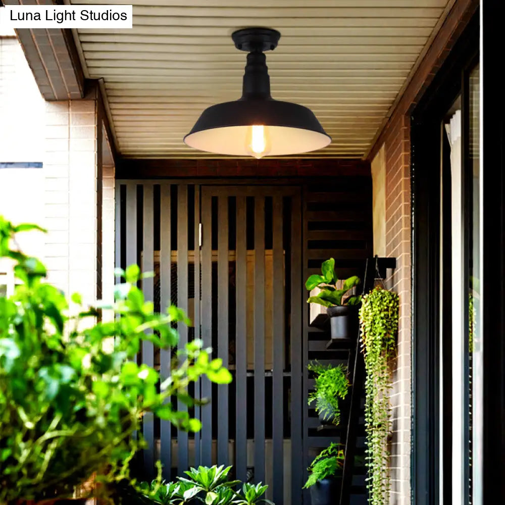 Rustic Metal Ceiling Lamp: Single Barn Shade Semi Flush Mount Lighting For Corridor