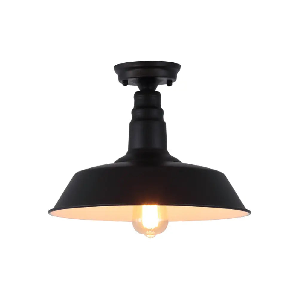 Rustic Metal Ceiling Lamp: Single Barn Shade Semi Flush Mount Lighting For Corridor Black / 10