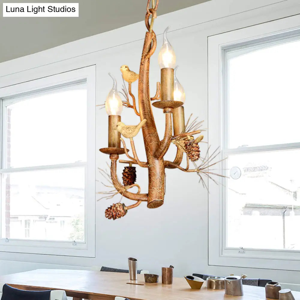 Rustic Metal Chandelier With Candle Dining Room Ceiling Fixture - 3/5 Lights Wood Hanging Design