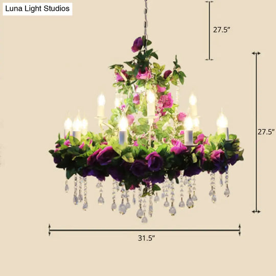 Rustic Metal Chandelier With Candle Pendant And Plant Decorations For Restaurant Ceiling