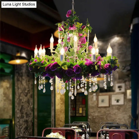 Rustic Metal Pendant Chandelier With Plant Decorations For Restaurant Ceiling Green-Pink