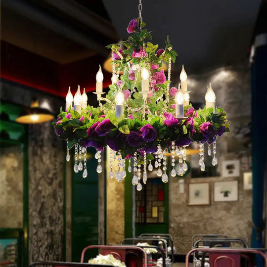 Rustic Metal Chandelier With Candle Pendant And Plant Decorations For Restaurant Ceiling Green-Pink