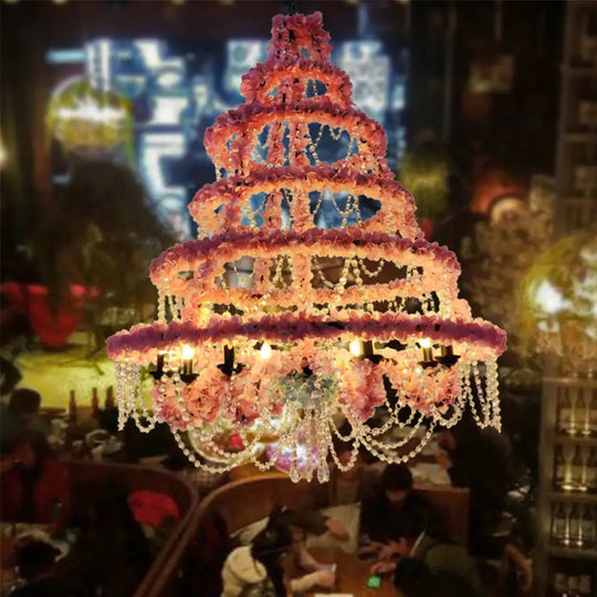 Rustic Metal Chandelier With Candle Pendant And Plant Decorations For Restaurant Ceiling Pink