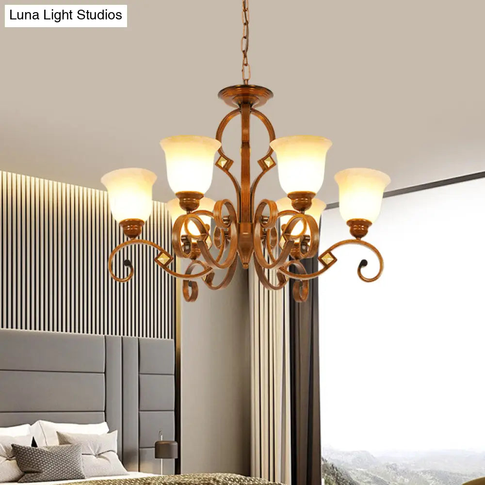 Rustic Metal Chandelier With Curved Arm 6 Bulbs Opal Glass Shade Ideal For Bedroom Ceiling