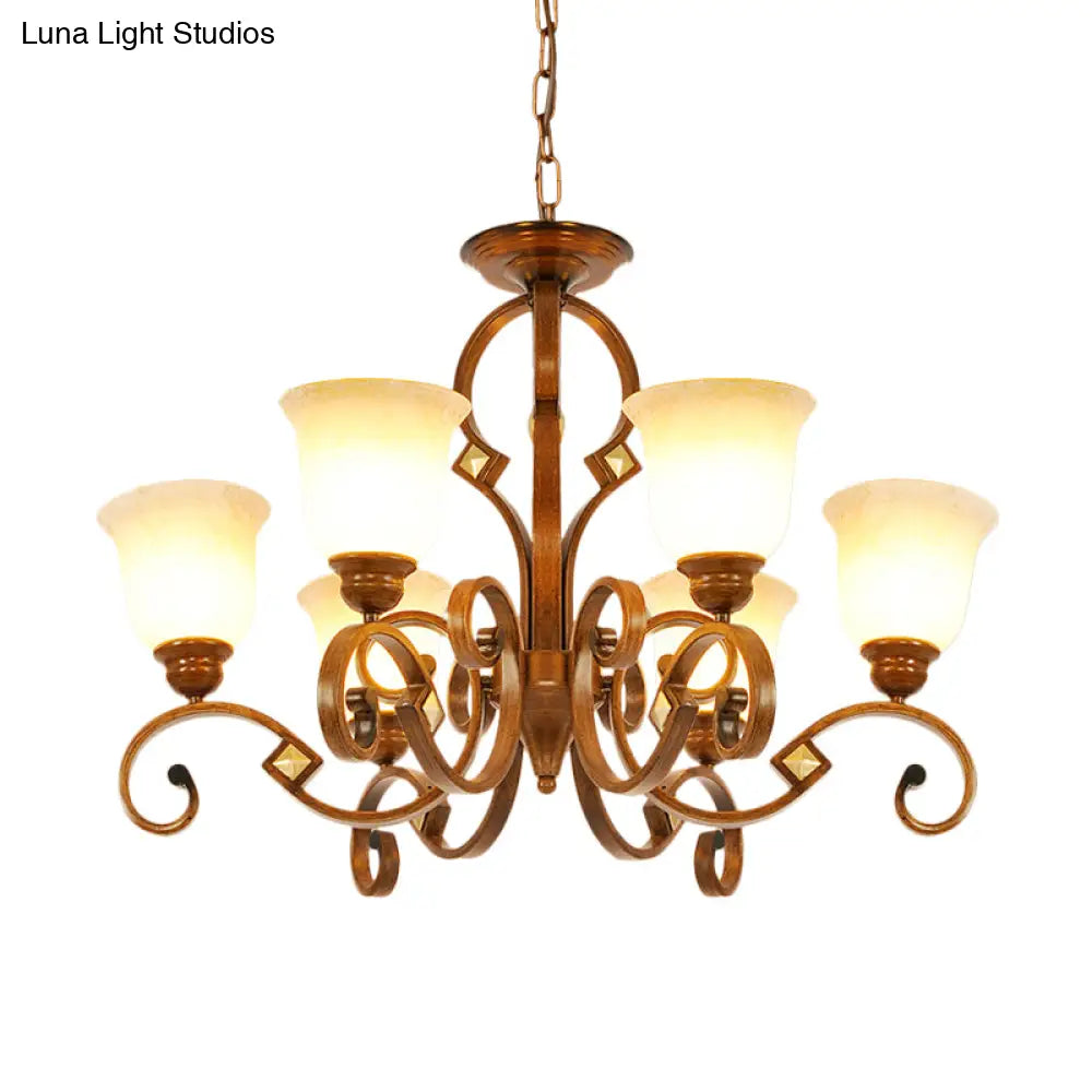 Rustic Metal Chandelier With Curved Arm 6 Bulbs Opal Glass Shade Ideal For Bedroom Ceiling