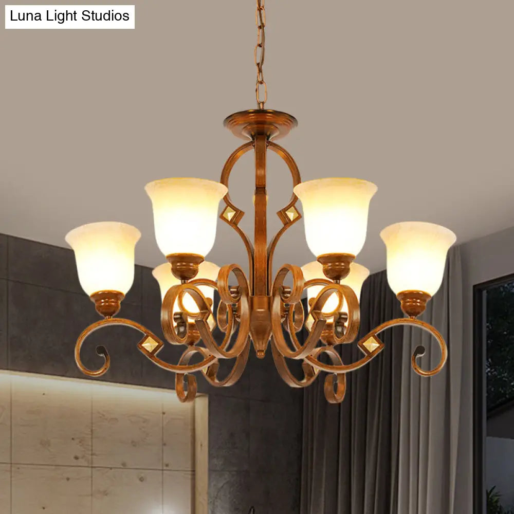 Rustic Metal Chandelier With Curved Arm 6 Bulbs Opal Glass Shade Ideal For Bedroom Ceiling