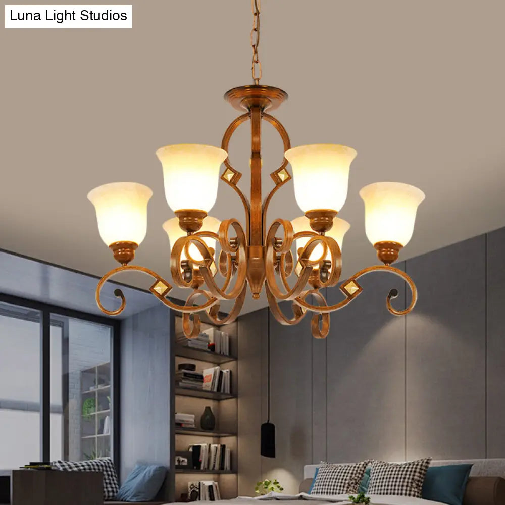 Rustic Metal Chandelier With Curved Arm 6 Bulbs Opal Glass Shade Ideal For Bedroom Ceiling