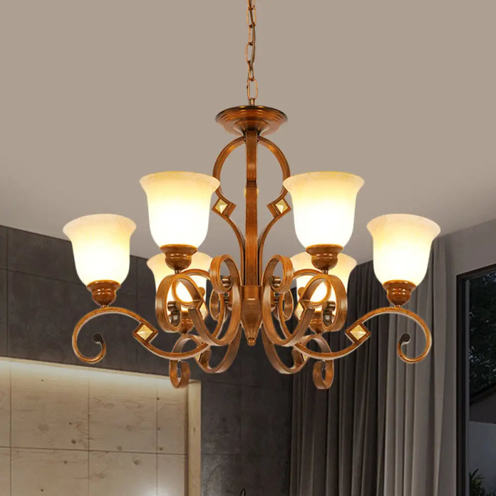 Rustic Metal Chandelier With Curved Arm 6 Bulbs Opal Glass Shade Ideal For Bedroom Ceiling Brown