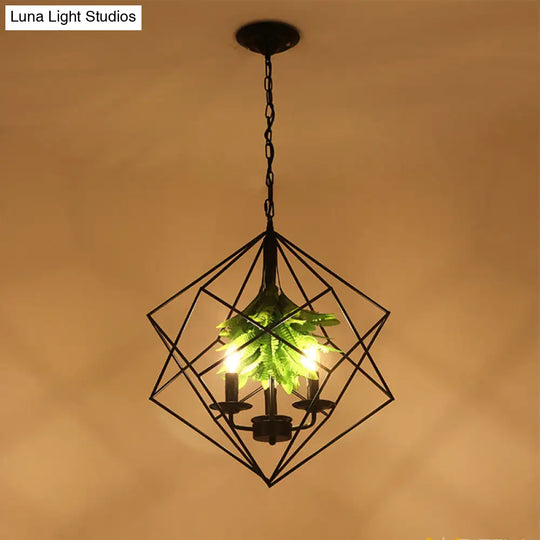 Rustic Metal Chandelier With Rhombus Cage 3 Lights Black Finish Green Leaf Deco – Perfect For