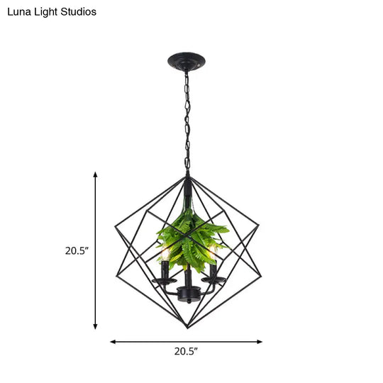 Rustic Metal Chandelier With Rhombus Cage 3 Lights Black Finish Green Leaf Deco – Perfect For