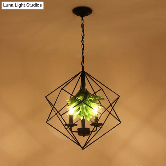 Rustic Metal Chandelier With Rhombus Cage 3 Lights Green Leaf Deco - Perfect For Restaurants