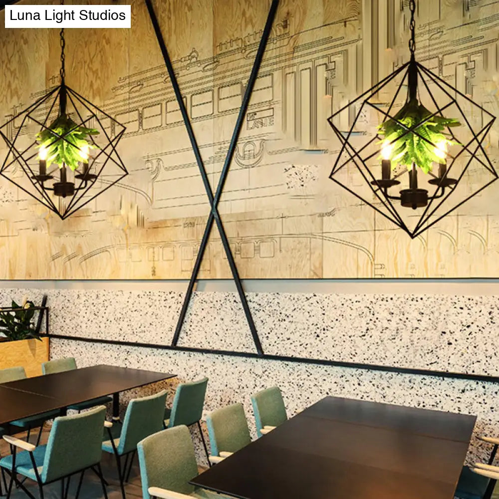 Rustic Metal Chandelier With Rhombus Cage 3 Lights Green Leaf Deco - Perfect For Restaurants Black
