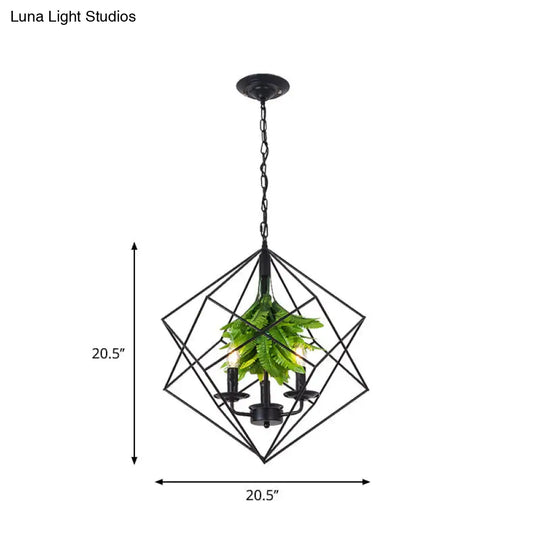Rustic Metal Chandelier With Rhombus Cage 3 Lights Green Leaf Deco - Perfect For Restaurants