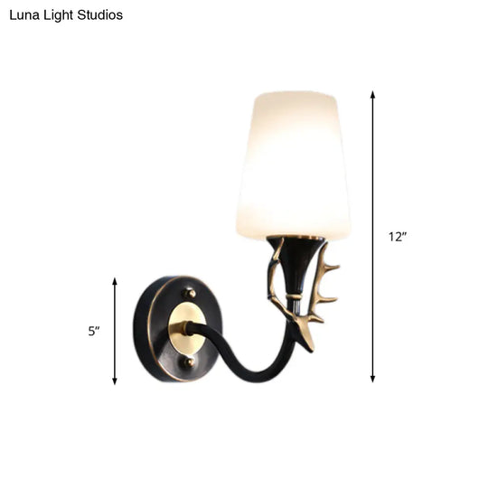 Rustic Metal Curved Arm Wall Sconce Light With Tapered Frosted Glass Shade - Black/Gold Finish For