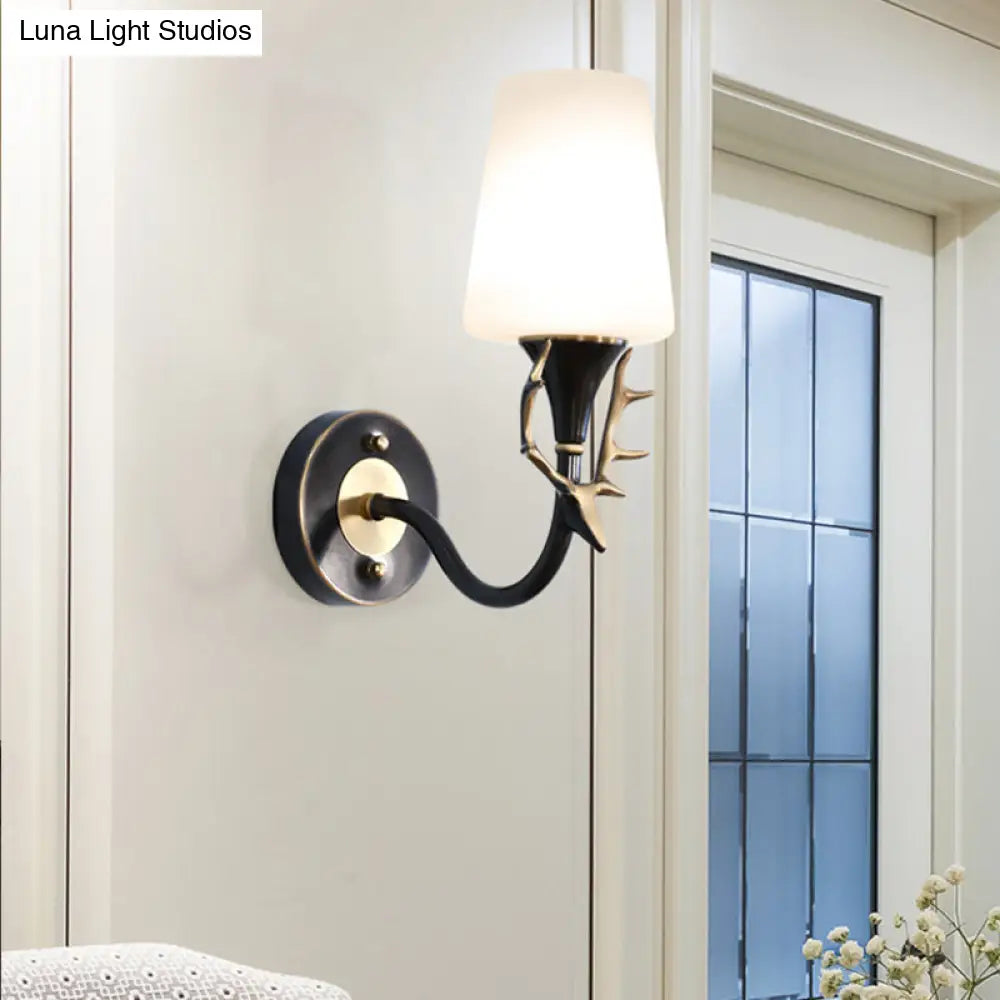 Rustic Metal Curved Arm Wall Sconce Light With Tapered Frosted Glass Shade - Black/Gold Finish For