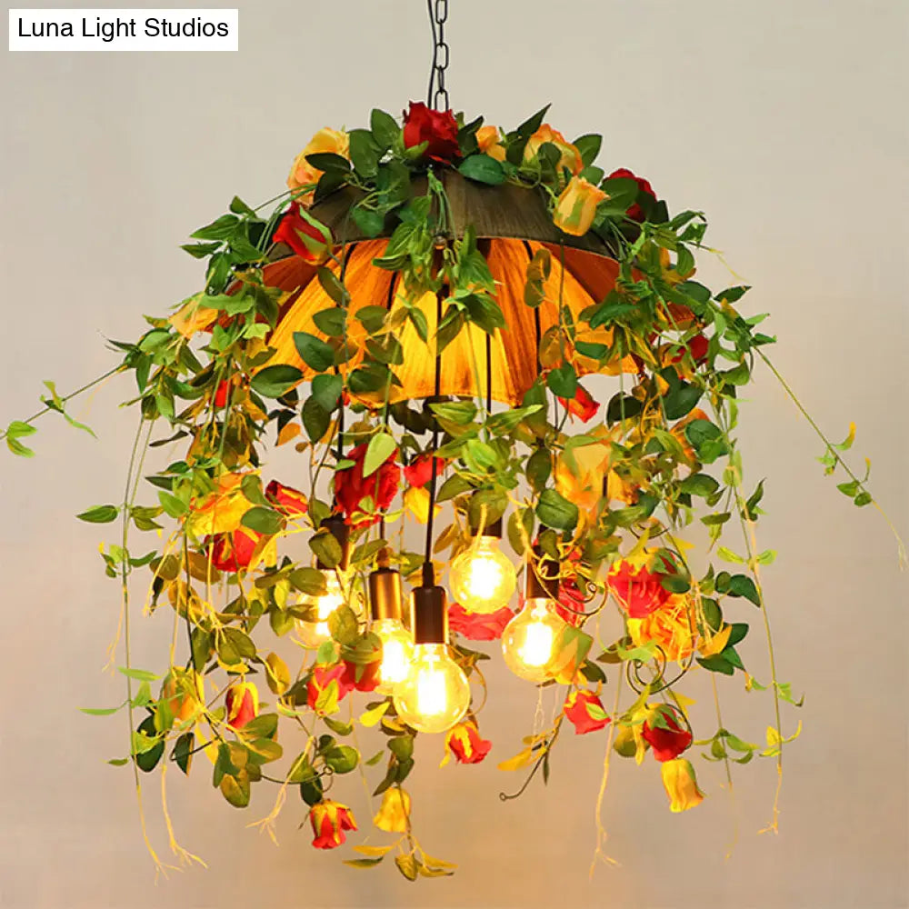 Rustic Metal Dome Chandelier With 5-Bulb Pendant Lighting Orange Art Flower And Leaf Design