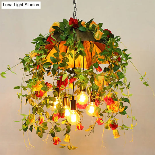 Rustic Metal Dome Chandelier With 5-Bulb Pendant Lighting Orange Art Flower And Leaf Design