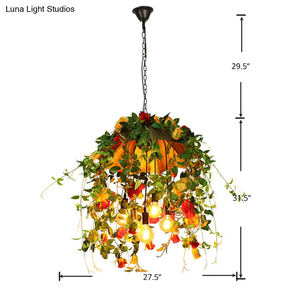 Rustic Metal Dome Chandelier - Orange 5-Bulb Pendant Lighting With Artful Floral And Leaf Design