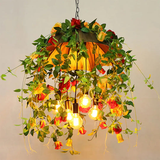 Rustic Metal Dome Chandelier - Orange 5-Bulb Pendant Lighting With Artful Floral And Leaf Design