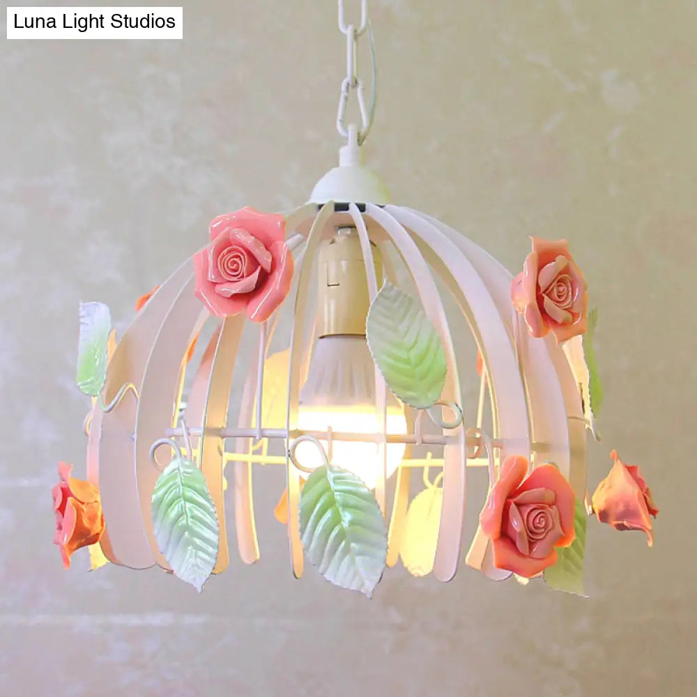 Rustic Metal Dome Pendant Light With Pink Hanging Lamp Kit - Floral Deco