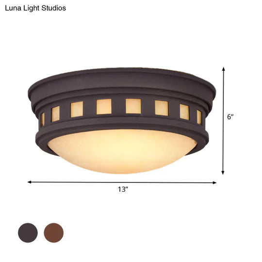 Rustic Metal Drum Flush Mount Ceiling Light With Opal Glass Bronze/Gold Outdoor Porch Lighting