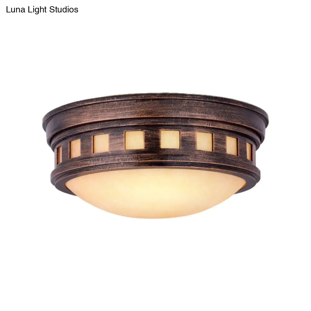 Rustic Metal Drum Flush Mount Ceiling Light With Opal Glass – Bronze/Gold Outdoor Porch Lighting