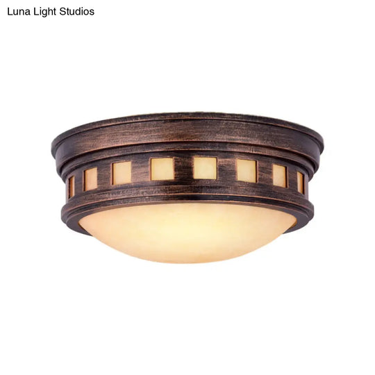 Rustic Metal Drum Flush Mount Ceiling Light With Opal Glass Bronze/Gold Outdoor Porch Lighting