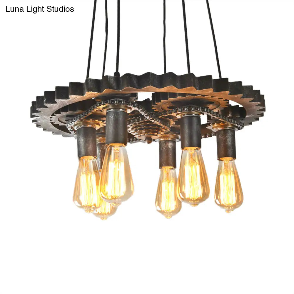 Rustic Metal Gear Shaped Chandelier Pendant Light - Adjustable Ceiling Fixture With 6 Lights For